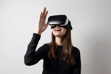 Young beautiful woman using virtual reality headset on white background, VR, future, gadgets, technology concept