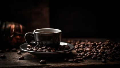 Wall Mural - Cup of coffee and coffee beans on old wooden table and black grunge background. Generative AI