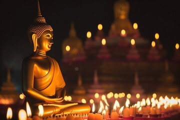 Buddha statue with candles around and blurred temple on the background on dark night, asian eastern religion holidays. generative ai