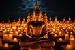 Buddha statue with candles around and blurred temple on the background on dark night, asian eastern religion holidays. generative ai