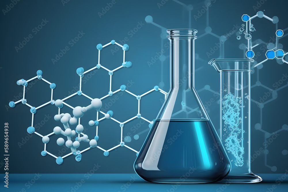 beaker and flask in science laboratory with chemical structure blue ...