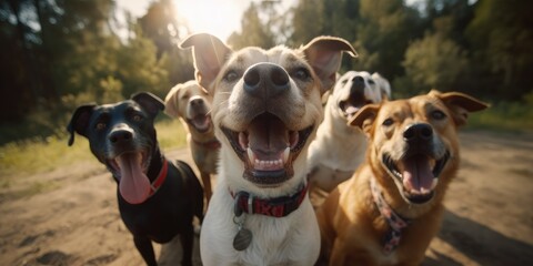 a cute group of dogs taking a selfie on a cell phone camera. generative ai