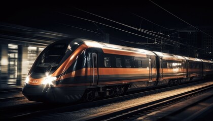 Wall Mural - Photo of modern high speed train passing through the city at night. Generative AI