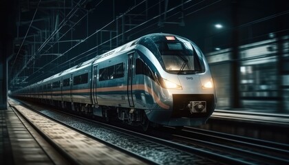 Wall Mural - Photo of modern high speed train passing through the city at night. Generative AI