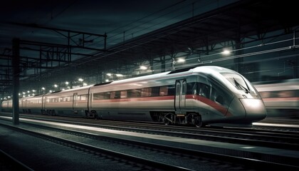 Wall Mural - Photo of modern high speed train passing through the city at night. Generative AI