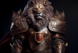 old lion in medieval armor. protector and warrior. ai generated