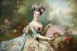 Elegant Rococo portrait of a lady in a lavish garden setting, surrounded by blooming flowers and greenery, holding a delicate fan in her hand, generative ai