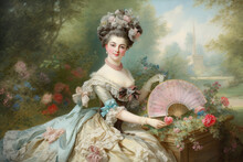 Elegant Rococo Portrait Of A Lady In A Lavish Garden Setting, Surrounded By Blooming Flowers And Greenery, Holding A Delicate Fan In Her Hand, Generative Ai