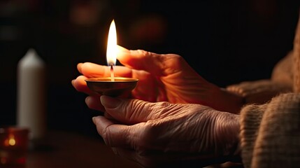 Wall Mural -  A closeup shot of elderly hands holding candle in hand, wind blowing candle, realistic, photographic, generative ai