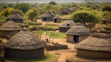  A Peaceful African Village With Traditional Mud Huts And Thatched Roofs, Realistic, Photography, Generative Ai