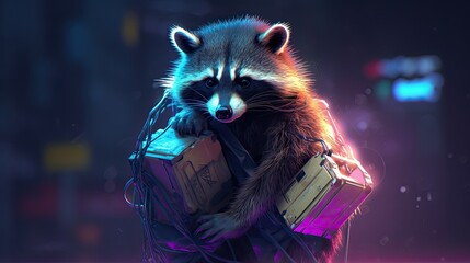 Wall Mural - a synth - wave cyberpunk racoon with a bag of goodies, hairy, glowing, realistic, photographic, gene