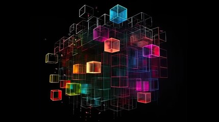 Poster -  abstract cubic connections into big AI multicoloured data cube on black background, 8k, epic, volumetric, bioluminescent, realistic, photographic, generative ai