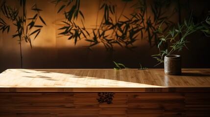 Empty wooden table podium in front of a wall with bamboo leaves and sunlight. generative ai