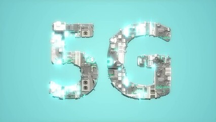 Poster - bright electrical light shining blue cybernetic text 5G - loop video