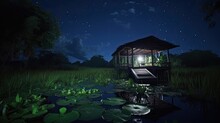 Midnight Swamp, Blue/ Black Sky, Green Fireflies, East Asian Hut On Stilts With Boat And Lantern, Lily Pads, Mangrove Trees, Realistic, Photography, Studio Lighting, 8k, Generative Ai