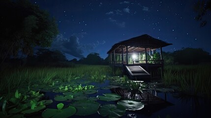 Wall Mural - midnight swamp, blue/ black sky, green fireflies, east asian hut on stilts with boat and lantern, lily pads, mangrove trees, realistic, photography, studio lighting, 8k, generative ai