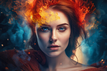 Ethereal Woman Portrait with Fire & Ice Elements, generative ai