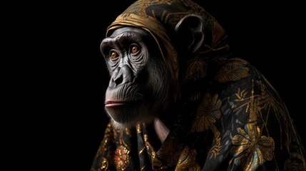 Wall Mural - profile portrait of a chimpanzee against a black background, with traditional clothing and dress, re