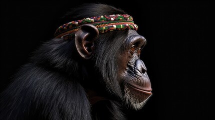 Wall Mural - profile portrait of a chimpanzee against a black background, with traditional clothing and dress, re
