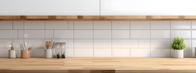 Modern kitchen background, countertop with kitchen utensils and empty space, generative ai