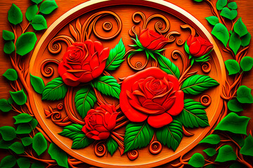 Canvas Print - Painting of red roses and green leaves on wooden plate with swirls. Generative AI.