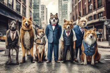 Poster - Various animals like dogs, bears dressed in a suit like businessman in the stock market invest money, concept of hard business and financial investments. Generative AI.