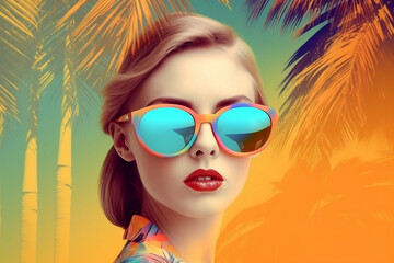 Wall Mural - a woman wearing sunglasses looks into the palm trees. generative AI.