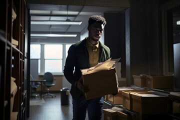 Portrait of a young African American businessman carrying a box in an office, Generative AI