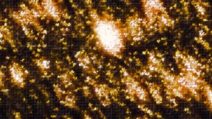 Poster - Golden shimmering sparkles in liquid stream. Motion. Bright shimmering sparkles with effect of liquid in stream of pixels. Pixel highlights of golden liquid
