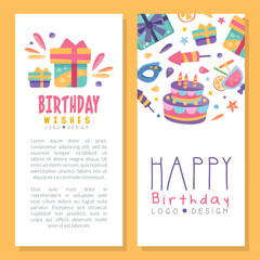 Poster - Happy Birthday Square Card with Cake, Gift Box and Firecracker Vector Template