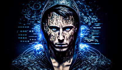 Wall Mural - Man in hooded jacket with lot of words on his face. Generative AI.