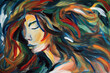 © aicandy - Melancholic Woman with Flowing Hair in Expressionist Style, generative ai