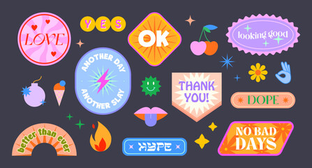 Wall Mural - vector set of cute funny patches and stickers in 90s style.modern icons or symbols in y2k aesthetic 
