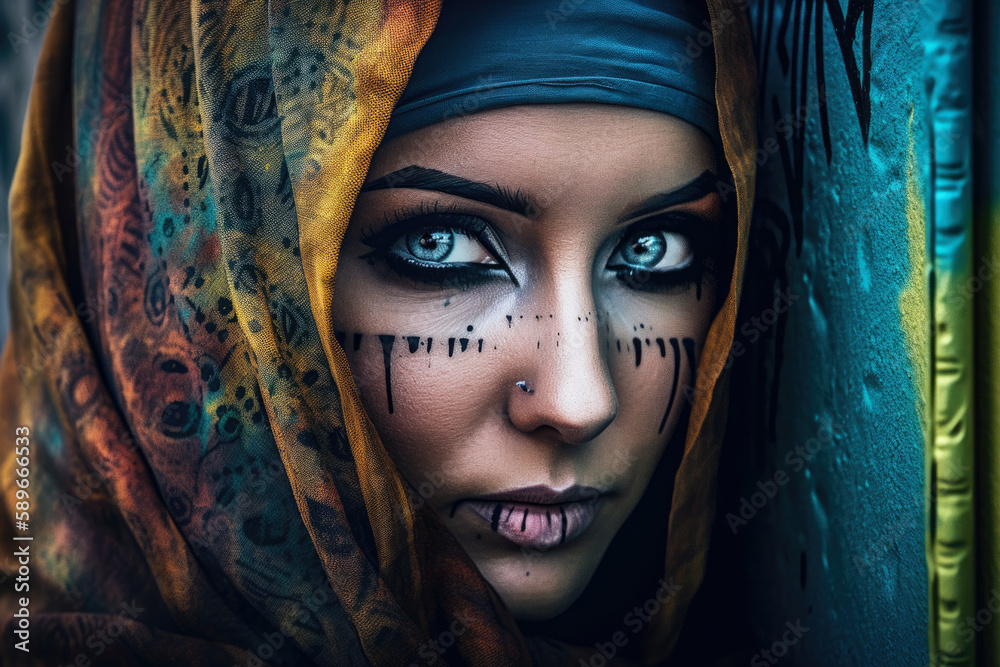 Mysterious and fascinating portrait of a woman with a veil and bold eye ...