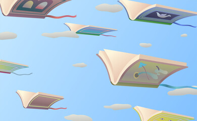 Books in the sky. Surreal vector illustration. concept idea art of education, imagination and dream. Conceptual artwork.