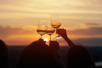 a group of girlfriends raise a toast with glasses of white wine on a sunset. close shot.