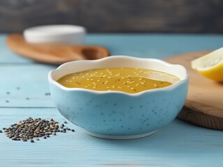 Wall Mural - Bowl of chia seed oil with lemon on blue wooden table