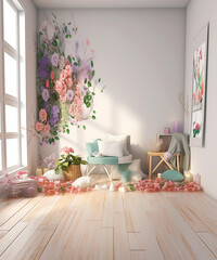 Wall Mural - stanza romantica, con fiori, e tonalità rosa, mock up romanstico, 3d render, ideale per sovrapposizione fotografica, colori pastello, 