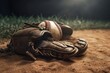 © yuliachupina - Baseball in glove laying on pitcher's mound of ball field. AI generated