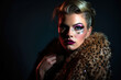 Portrait of a confident woman in a Studio 54-inspired fashion shoot with dramatic makeup and a fur coat, generative ai