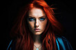 © aicandy - Portrait of a fierce superheroine with bright red hair and glowing blue eyes, ready to fight evil and save the world, generative ai