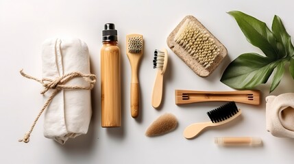 Bath accessories on white background, flat lay. Zero waste concept. generative ai