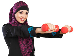 Canvas Print - Close-up Beautiful Young Muslim Woman with dumbbells isolated on  background