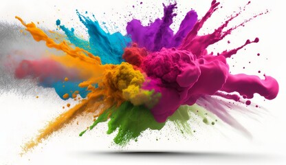 Poster - A powdered, abstract, background. An eruption of colorful powder against a white background. The cloud took on a variety of hues. In the aftermath, dust of all colors scatters. Generative ai