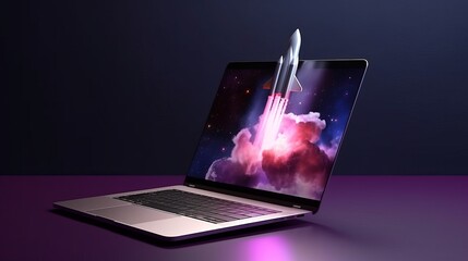 laptop and rocket illustration, purple background. generative ai