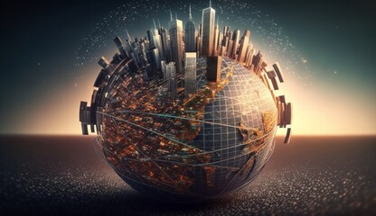 Poster - Shake with world globe cityscape, abstract vision, and futuristic network links business disruptive partners. Generative ai