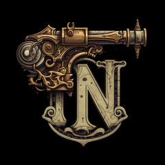 gun, steampunk, alphabet, a, b, c d, f, g, h, j, k, l, m, n, p, q, r, s, t, v, x, z, weapon, isolated, metal, old, machine, white, equipment, steel, technology, retro, tool, iron, generated ai