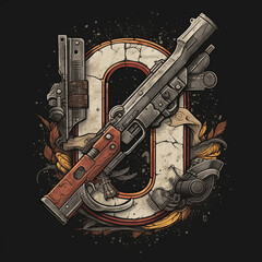 gun, steampunk, alphabet, a, b, c d, f, g, h, j, k, l, m, n, p, q, r, s, t, v, x, z, weapon, isolated, metal, old, machine, white, equipment, steel, technology, retro, tool, iron, generative ai