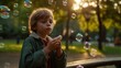 © bomoge.pl - Cheerful boy blowing bubbles in the park with a big smile on his face. Generative AI.