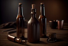 A Group Of Three Brown Bottles Sitting On Top Of A Table Next To A Vase And A Bottle Opener With A Cork In The Middle.  Generative Ai